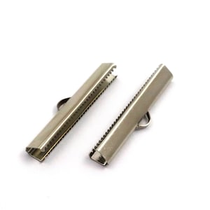 6x40 mm zilverkleurige messing lint krimp uiteinde, lint sluitingen, lint krimp einde met lus, sluiting, bevindingen, lint einde, lint sluiting, krimp