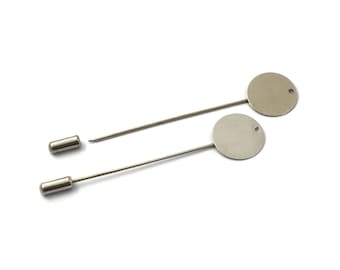 Pasador de solapa de latón de color plateado, broche, pasador de palo, tamaño de sello redondo de 16 mm con pasador de 60 mm de largo, pasador de solapa