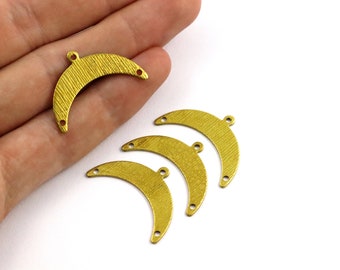 0.80x18x30 mm Raw Brass Moon Charm, 3 Hole Moon Connector, Textured Moon Findings, Crescent Moon Charm, Moon Shape Findings, Pendant, Moon