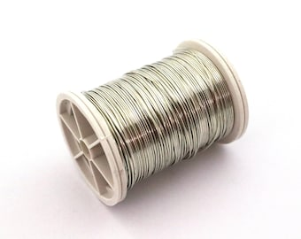 Può includere: Un rotolo di filo argentato su un rotolo di plastica bianca. Il filo è avvolto strettamente attorno al rotolo.