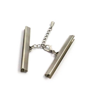 Ribbon Crimp End Set With Extender Chain, 6x51 mm Silver Color Brass Ribbon Crimp, Ribbon Fasteners, Ribbon Ends, Findings, Ribbon Connector