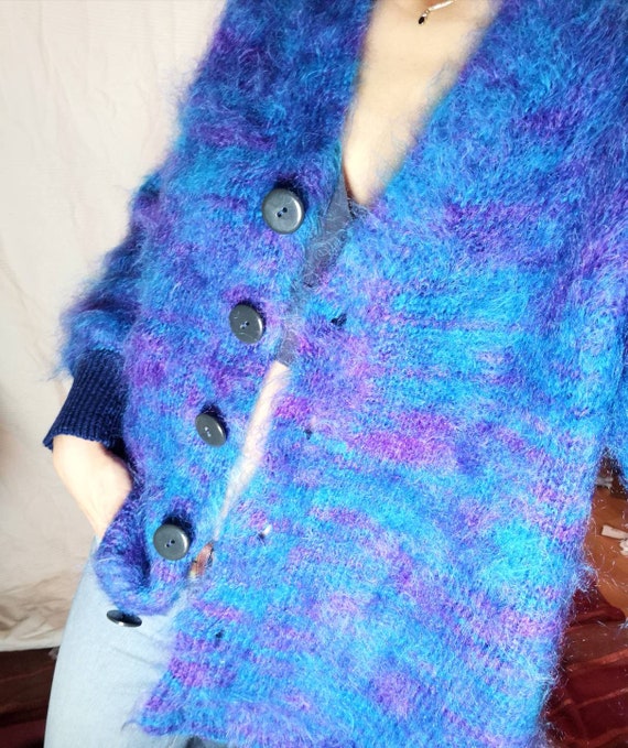 Lilac blue cardigan, vintage mohair handmade 70s x