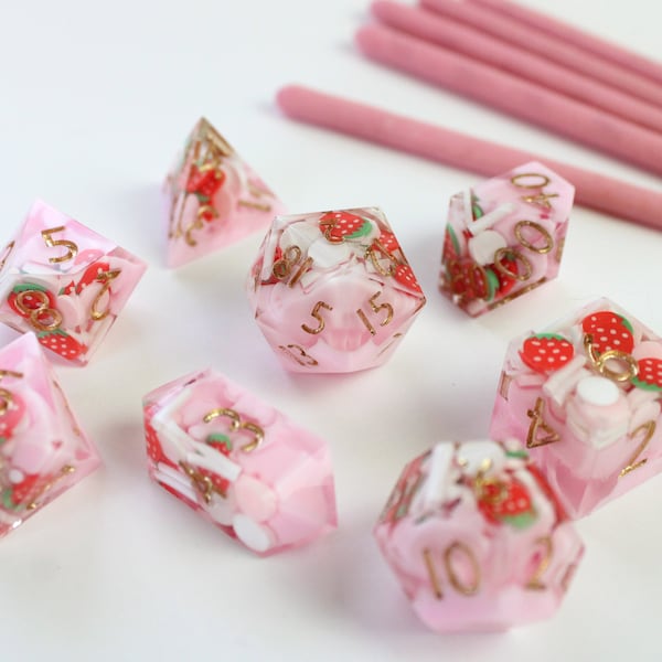 Strawberry Milk Polyhedral Dice Set, 8 pieces, for RPG like DnD, Pathfinder