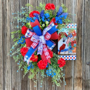 Patriotic Red Geranium Wreath with Sign for Front Door, Red White and Blue Independence Day Wreath, Handmade Patriotic Wreath for Porch