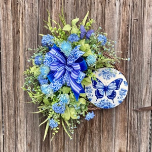 Blue Butterfly Summer Floral Grapevine Wreath, Blue Hydrangea Front Door Wreath, Handmade Faux Floral Door Hanger, Blue and White Wreath