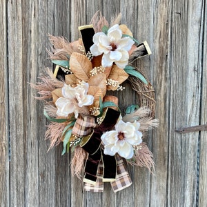 Elegant Fall Magnolia Grapevine Wreath in Warm Autumn Tones for Front Door, Handmade Autumn Magnolia Wreath with Luxury Velvet Ribbon