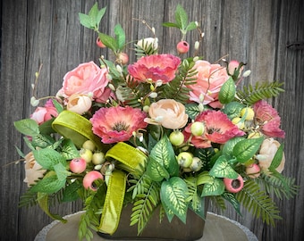 Handmade Peach Coral Floral Centerpiece, Roses Poppies Ranunculus Table Arrangement