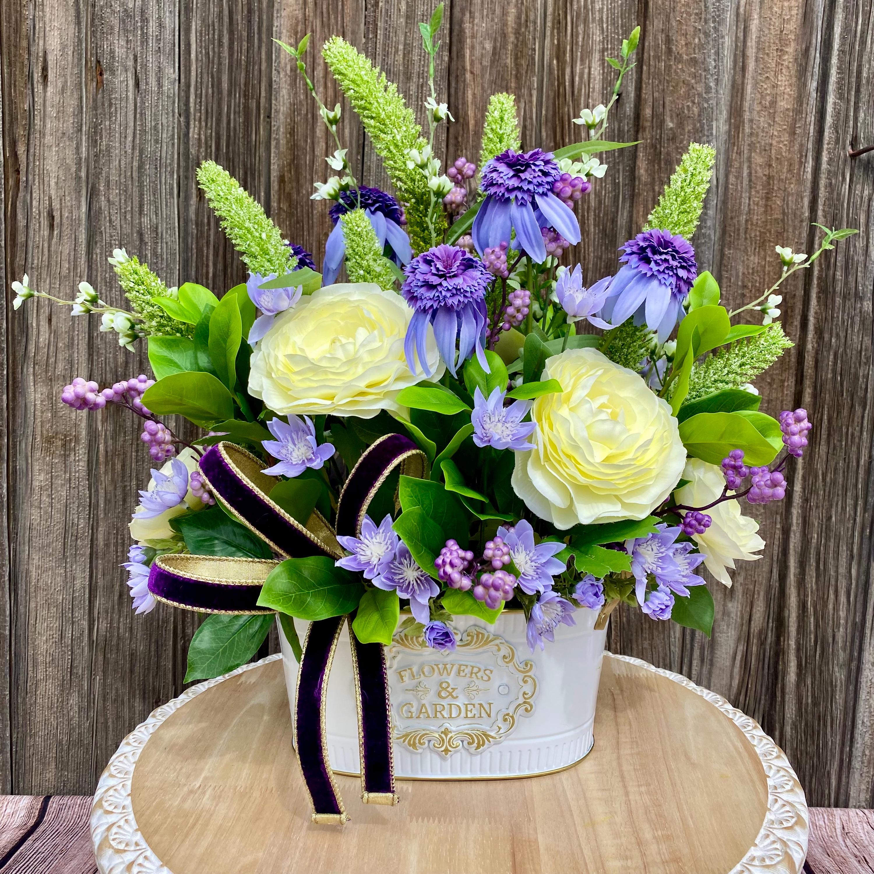 Elegant French Country Faux Floral Table Arrangement, Handcrafted Cream Ranunculus and Purple Daisy Floral Centerpiece with Velvet Bow