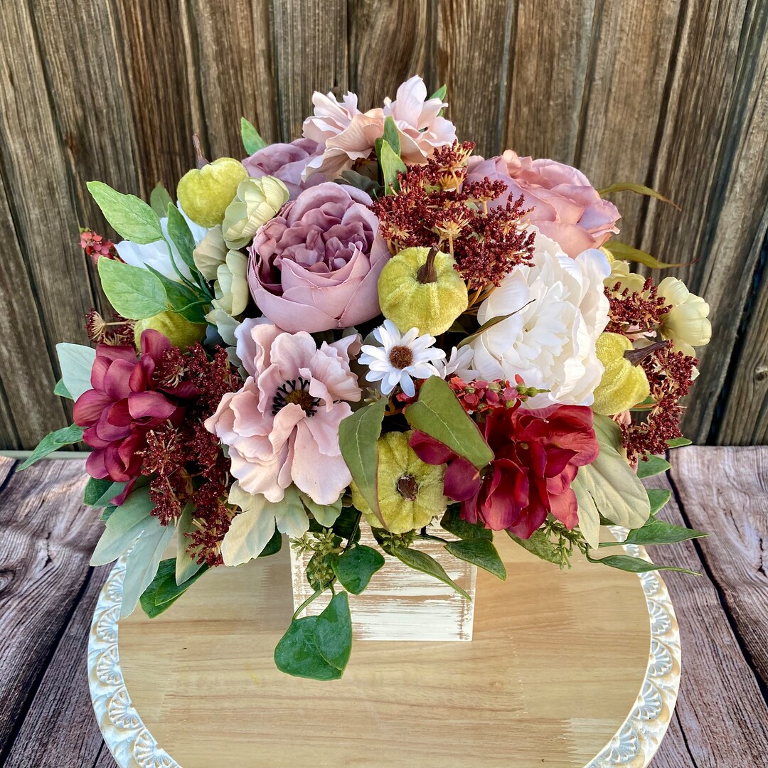 Rustic Fall Floral Arrangement With Mini Velvet Pumpkins for Table ...