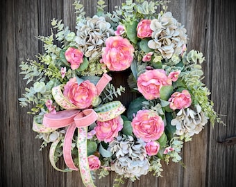 Shabby Chic Hydrangea and Ranunculus Wreath: Mauve Velvet Bow, Silk Floral Grapevine Decor