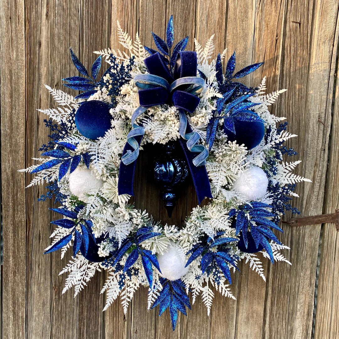 Elegant Flocked Winter Pine Wreath for Front Door, Navy Blue Christmas ...
