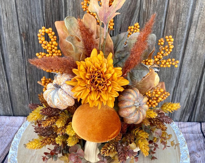 Rustic Fall Table Arrangement With Velvet Topped Mushrooms and Earthy ...