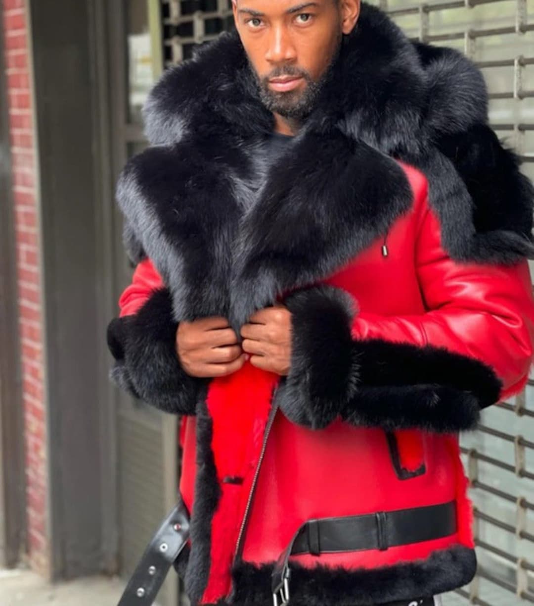 Increased Thickened Fur Collar Fur Red Men's Leather - Etsy