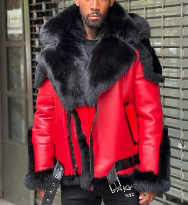 Increased Thickened Fur Collar Fur Red Men's Leather - Etsy