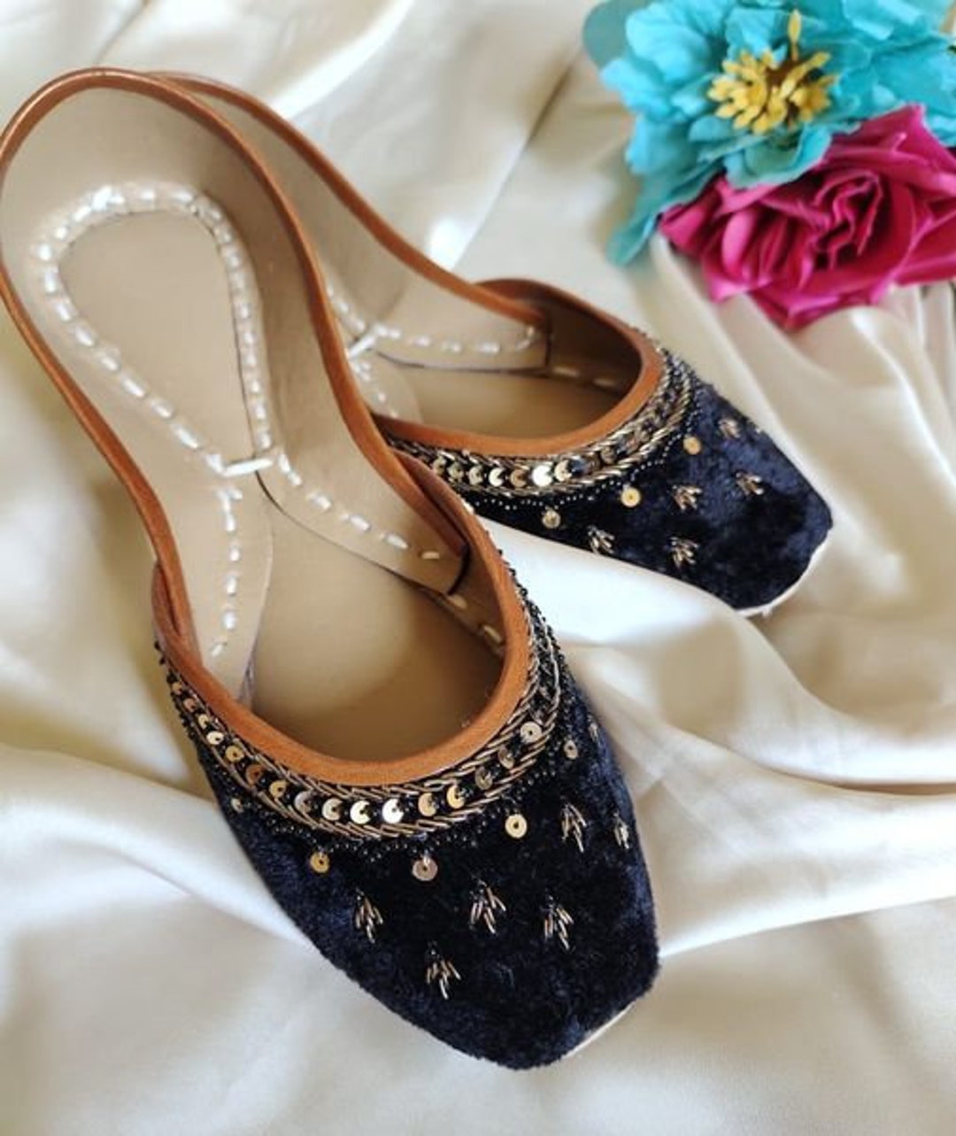 Handmade Black Khussa Shoes on Velvet Base With Copper Cora & Etsy