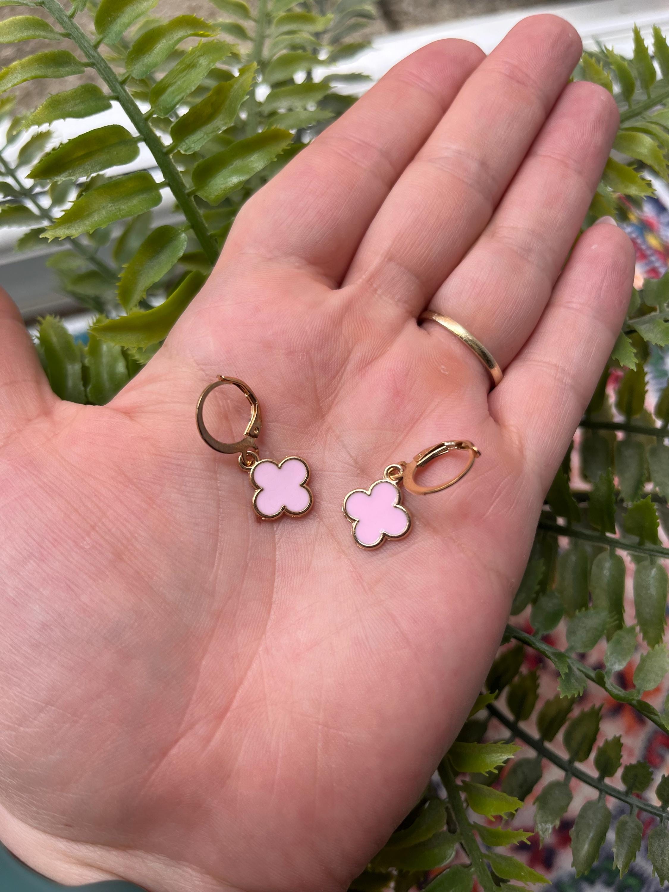Gold Clover Pink Huggie Hoops