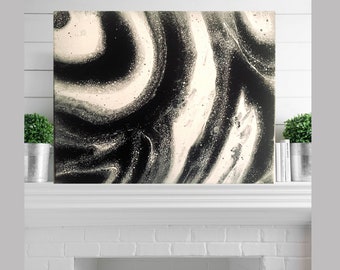 Intersellar Evening - 11”x14” - Abstract Acrylic painting - canvas painting - dirty pour technique - Space - Black and White - Fluid Artwork