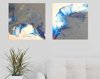 Royal Blue Flower - 2 piece set - Fluid Abstract Artwork - Acrylic Pour Painting - Resin Art