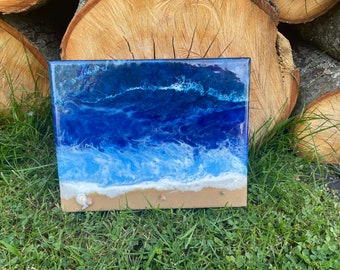 Dzieło z żywicy oceanicznej – abstrakcyjna sztuka plażowa – prawdziwy piasek i muszle – dekoracja ścienna na płótnie – sztuka 3D