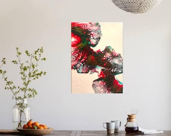 Christmas Shine - Biała baza Dutch Pour Painting - Zielony, czerwony, złoty - Abstrakcyjna płynna grafika - Sztuka na płótnie akrylowym - 9"x12"