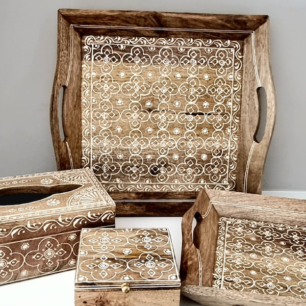 Plateau en bois de manguier naturel| Plateau de petit-déjeuner artisanal Mandala & Jaali |Plateau de service | Décoration de table basse| Service de voiturier| Plateau pour canapé| Plateau de cuisine