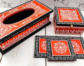 Tissue Box & Coaster Set Orange and Black Unique Housewarming Gift Artisanal Boho Festive Home Décor Dining Room Table Bar Accessory