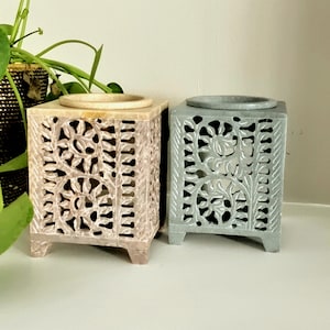 Handmade Soapstone Oil Burner, Floral Carved Aroma Diffuser, 3.5in