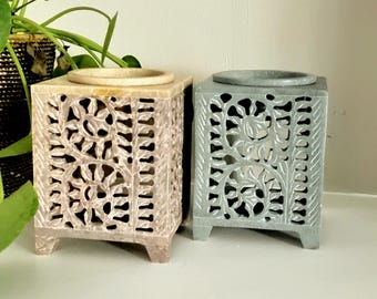 Quemador de aceite artesanal de esteatita, difusor de aromas con tallado floral, 3,5 pulgadas