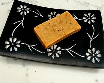 Jabonera de cerámica hecha a mano: decoración floral para baño en azul y gris