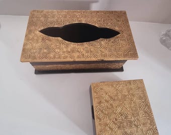 Brass Embossed Tissue Box and Coaster Set, Boho Home Decor