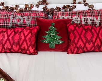Hand Embroidered Christmas Cushion Cover: Red Tartan 'Joy & Merry'