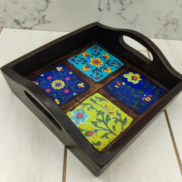 Square Wooden Tray w. Hand painted ceramic tiles 8in Bed Breakfast Tray | Kitchen Serving Tray |Coffee Valet Tray| Sofa Tray| Kitchen Tray