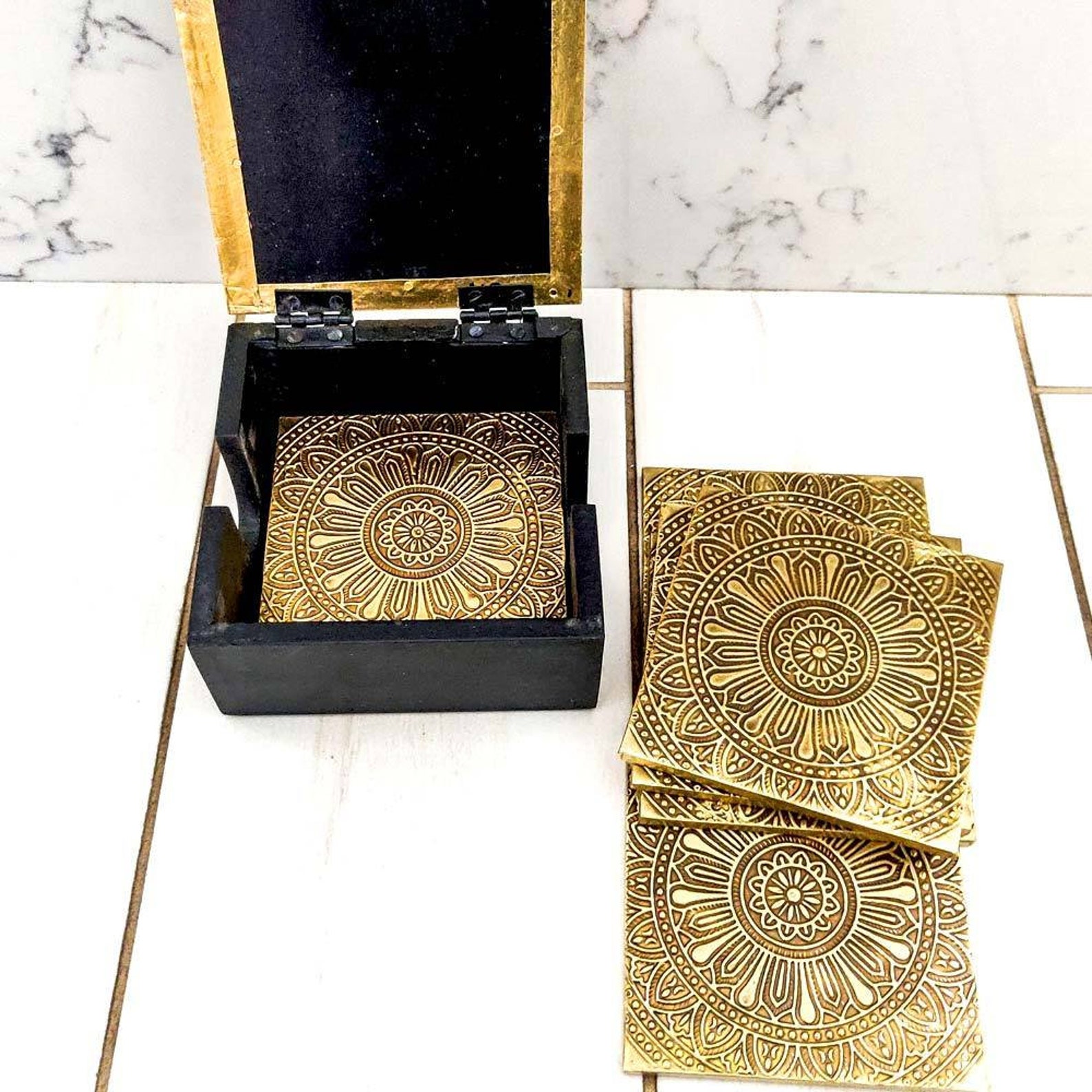 Embossed Brass Coasters Set 6 pcsI Gold Hammered Metallic Etsy