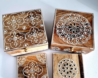 Handmade Mangowood Coaster Set: Handpainted Drinks 6 Coasters with box