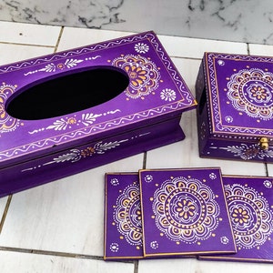 Handgjord näsduksask och underlägg i mangoträ: Boho blommig heminredning