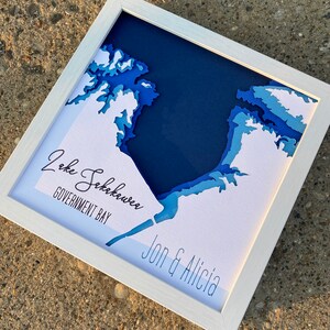 Lake Sakakawea Government Bay North Dakota Bathymetric Topography Depth Chart Topographic Map 9&quot;x9&quot; Shadow Box Layered Cardstock