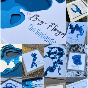 Aangepaste meer bathymetrische topografie dieptekaart topografische kaart 9 x 9 inch schaduwdoos gelaagd karton