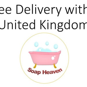 May include: A logo featuring a pink bathtub with bubbles and the text "Soap Heaven" inside a yellow circle. The text "Free Delivery within United Kingdom" is above the logo.