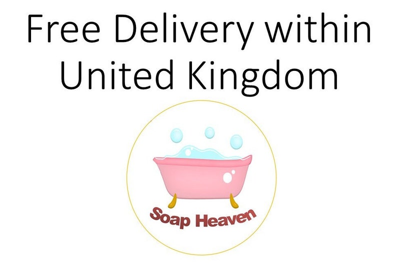 May include: A logo featuring a pink bathtub with bubbles and the text "Soap Heaven" inside a yellow circle. The text "Free Delivery within United Kingdom" is above the logo.