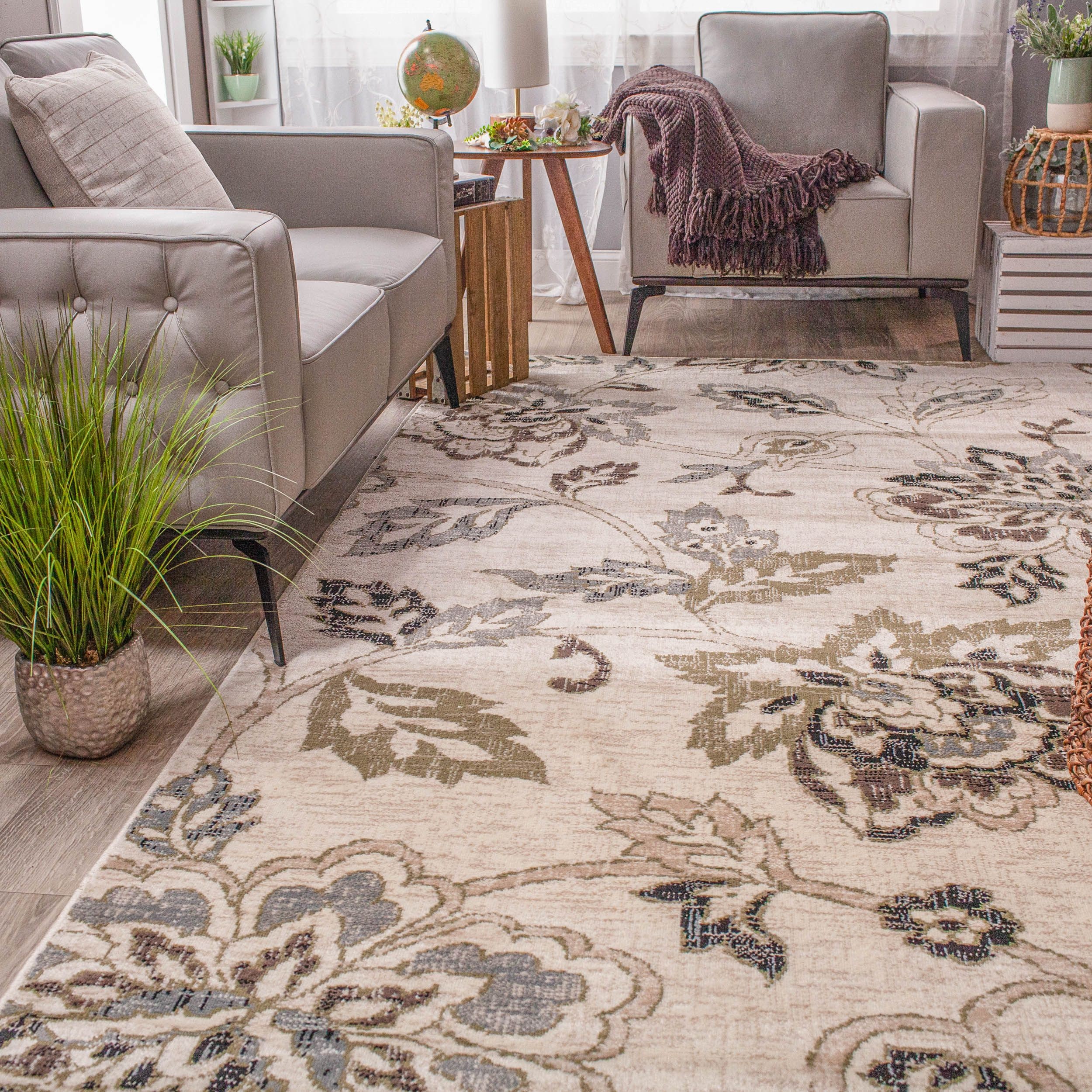Modern Farmhouse Floral and Vines Beige Indoor Area Rug para Etsy