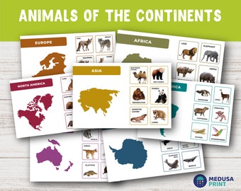 Descubre animales de todo el mundo: Tarjetas educativas de continentes y animales para niños / Montessori / Preescolar / Geografía - DIGITAL