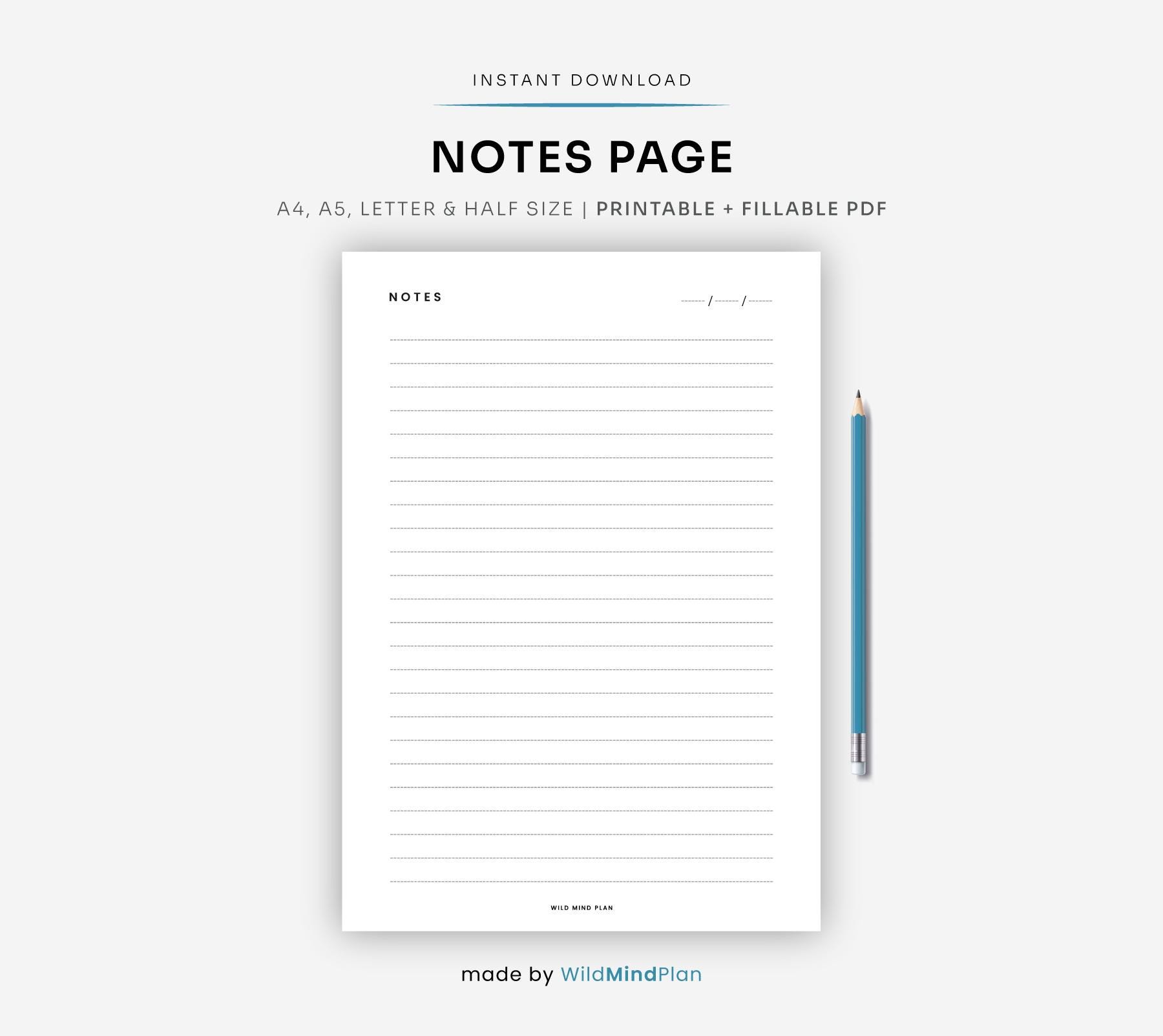Note Taking Fillable Notes Page for Planner | Printable & Fillable PDF | A4, A5, Letter ...