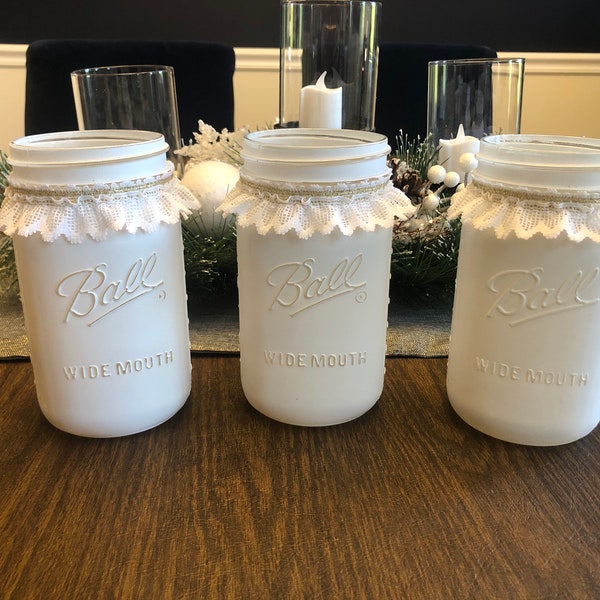 Distressed Hand Painted Quart Sized Mason Jar With Lace  - 1 Jar