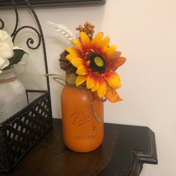 Hand Painted Distressed Quart Sized Mason Jar With Sunflower Mix Fall Flowers