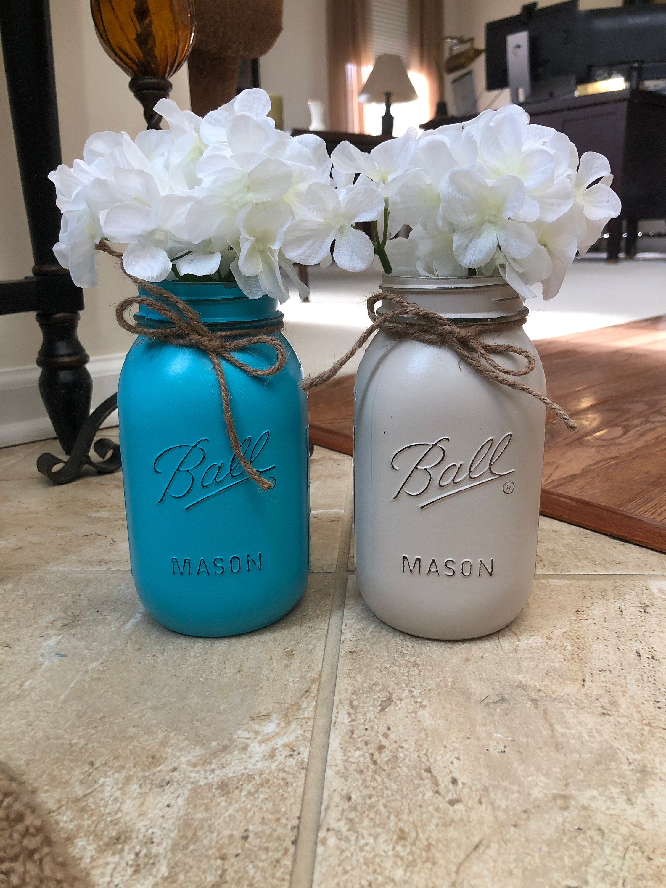 Many Color Options! Shabby Chic Painted Mason Jar w/ Flowers 