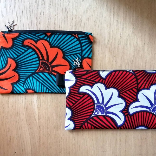 Pochette zippée en tissu wax fleurs de mariage, trousse sac à main, fait main en France