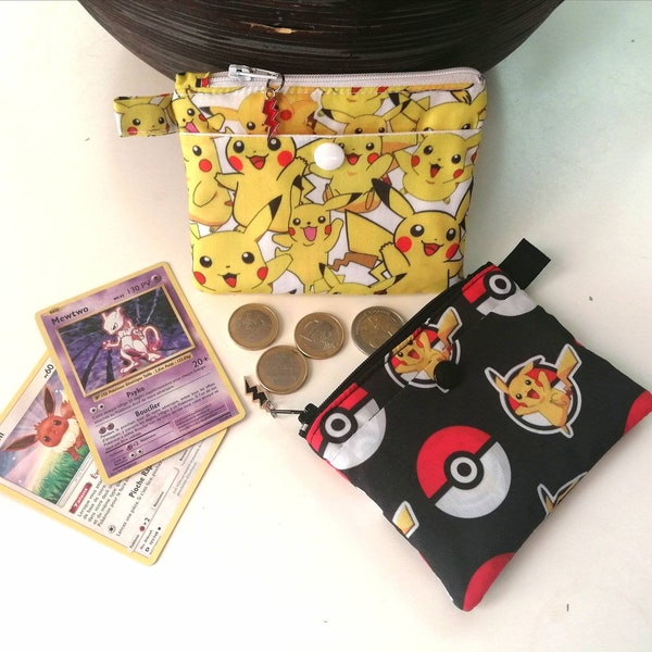 Porte monnaie, porte carte en tissu Pokemon, Pokeball et Pikachu / porte monnaie enfant / fait main en France