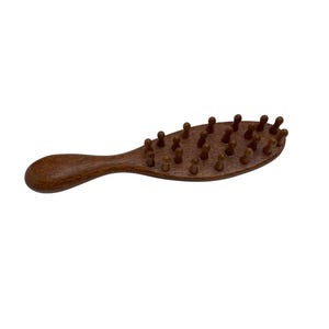 May include: A wooden hairbrush with a handle and rounded bristles. The brush is a medium brown color and appears to be made of wood. The bristles are evenly spaced across the oval-shaped head.