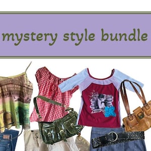 May include: A personalized mystery style bundle featuring a variety of clothing and accessories. The bundle includes a white blouse, a brown leather jacket, a patterned tank top, a red and white gingham shirt, a red and white graphic tee, a pair of blue jeans, a white skirt, a denim skirt, a brown leather purse, a green purse, and a pair of earrings.