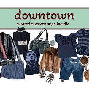 May include: A curated mystery style bundle of clothing and accessories. The bundle includes a black leather jacket, a blue denim skirt, a black and white graphic tee, a brown faux fur jacket, a blue denim shorts, a black turtleneck sweater, a blue blouse, a striped sweater, a black leather handbag, and a brown leather handbag.